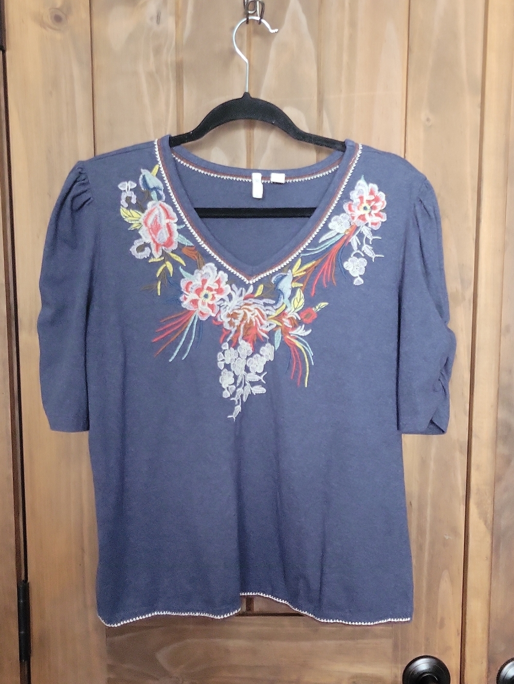 Embroidered V-Neck Women’s Top - Blue